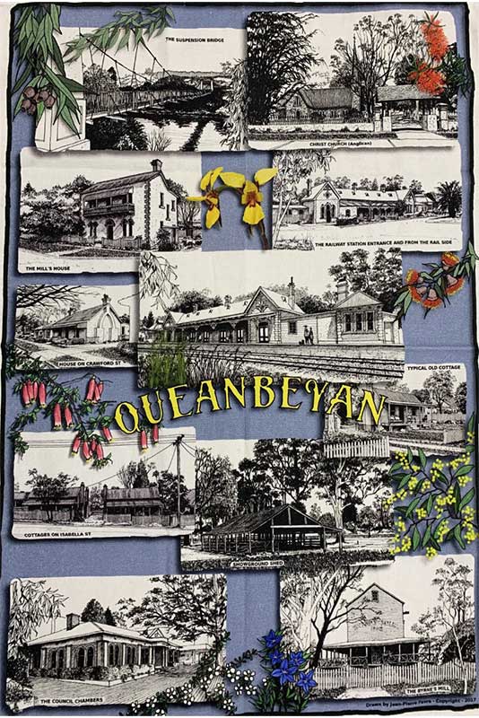 Tea towel picturing images of Queanbeyan by John-Pierre Favre