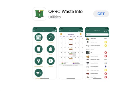 Shot of QPRC waste app with calendar and a-z or waste screens