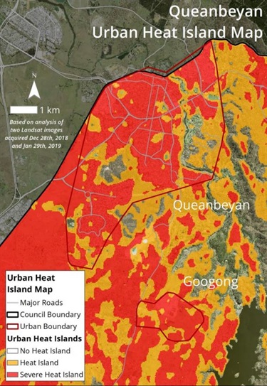 Queanbeyan urban heat island map