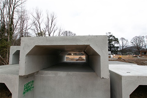 Precast concrete culvert used to pipe creek at Braidwood Rec Ground