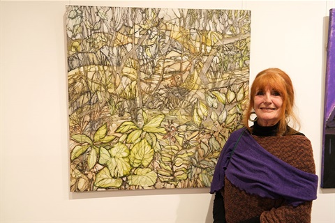 2023 Art Award winner Lesley Sykes with their artwork Bush Track - Bottom Pond