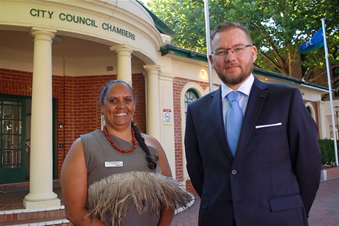 Photo of Mayor Kenrick Winchester and Deputy Mayor Esma Livermore outside the Queanbeyan Council Chambers