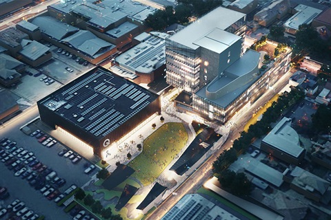 Aerial concept image of Queanbeyan Civic and Cultural Precinct at night