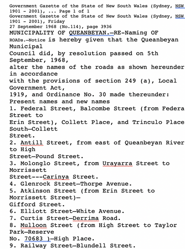 Details of road name changes gazetted in 1968