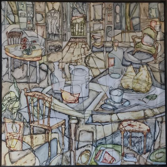 Lesley Sykes, Still Life with Grey Shirt (2024), 90x90cm, ink and acrylic on board