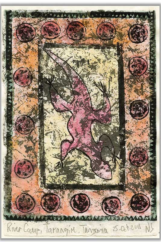 Drawing, stamping using elephant dung, straw and flowers, water and ink on kozo paper