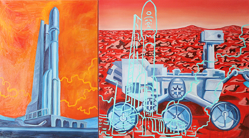 Paul Martin's painting Atlas V & Curiosity Landing on Mars 2019