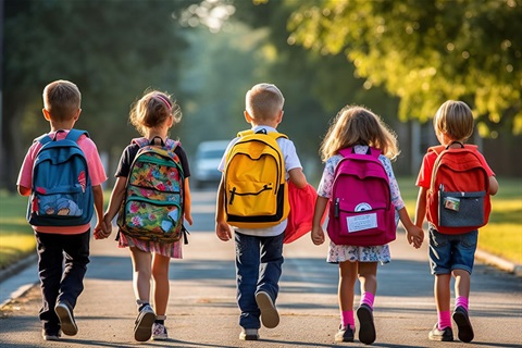 Group of primary aged children walking on road with backpacks on