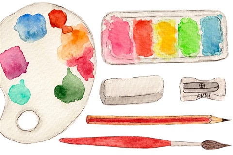 Illustration of artists pallette with water colour paints, pencil, eraser and pencil sharpener