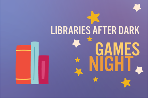 Purple tile with Library games night words