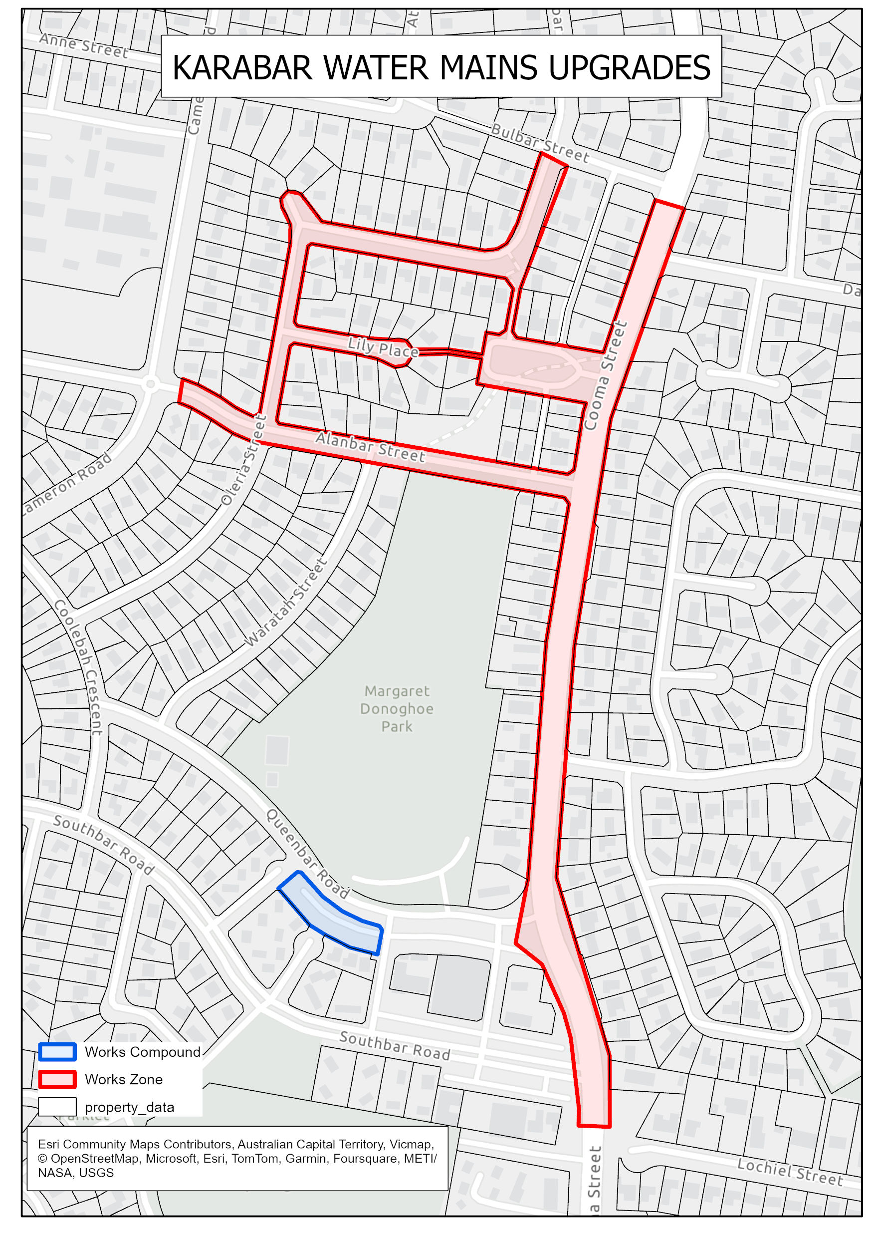 Map showing streets affected by replacing water mains in Karabar