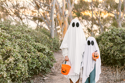 Two sheet ghosts standing on a path. One an adult and one a child.