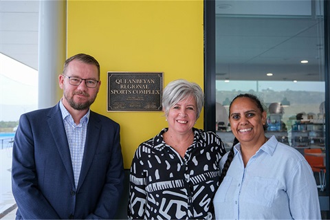 Mayor Winchester, General Manager Rebecca Ryan and Deputy Mayor Esma Livermore with the plaque on the Major Pavilion