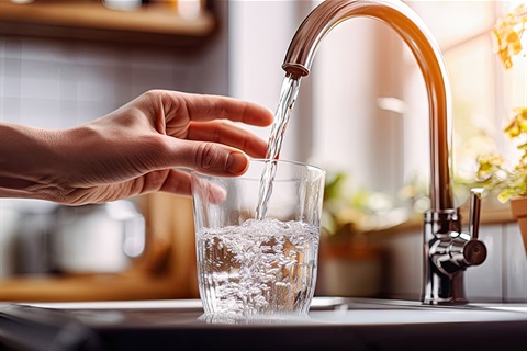 Tap with water filling glass for drinking