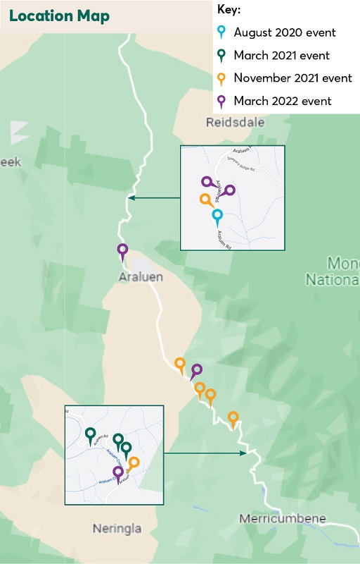 Location map of landslips on Araluen Road