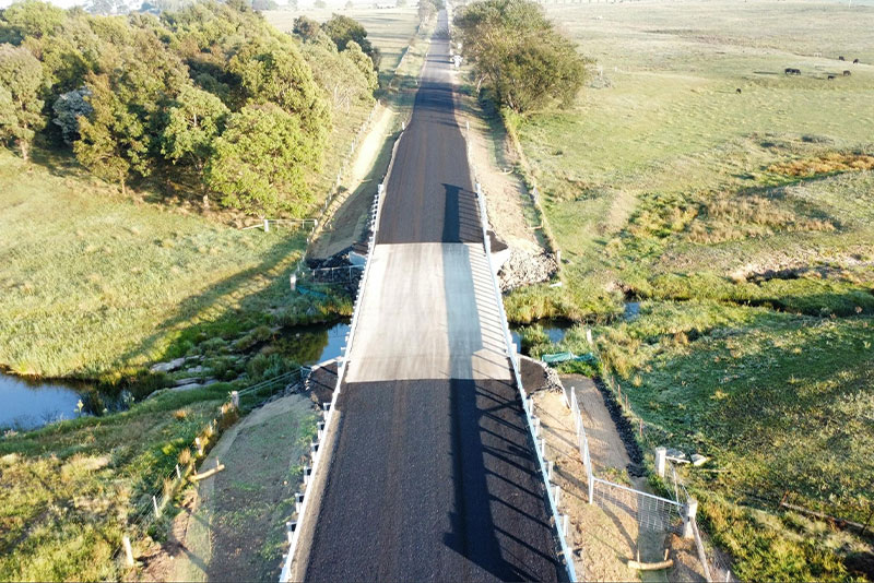 Aerial image of Bedding Ground Creek bridge upgrade showing along the road