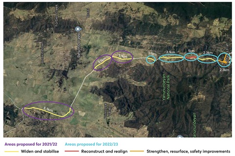 Map showing proposed areas of work along Captains Flat Road