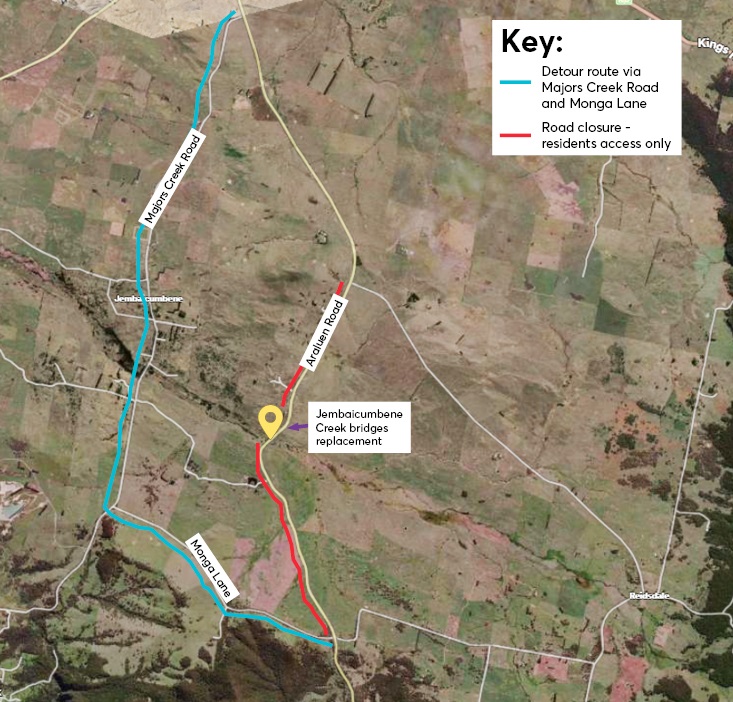 Map of detour route for Jembaicumbene Creek bridges