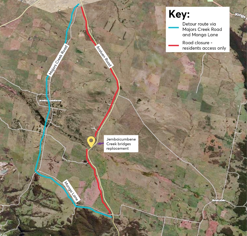Map of detour routes for Jembaicumbene Creek bridges and Bedding Ground Creek bridge